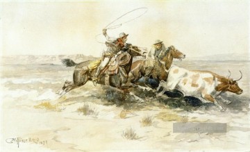 Indianer und Cowboy Werke - Bronk in einem Kuhlager 1898 Charles Marion Russell Indiana Cowboy